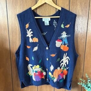 Mandal Bay Womens Sweater Vest XXL Fall Autumn Scarecrow Pumpkin Embroidered
